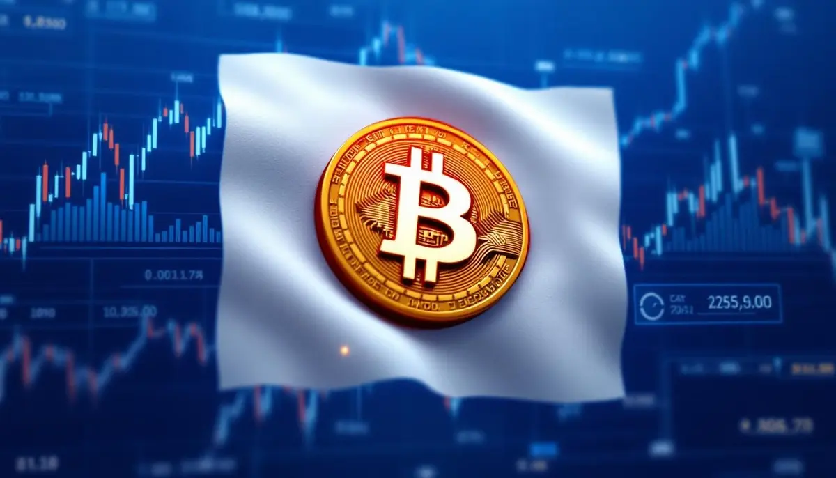 日本の国旗とビットコインのシンボルが描かれた、金融規制を象徴する画像