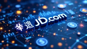 JD.comのロゴとステーブルコインのシンボルが描かれた未来的な金融ネットワークのイラスト