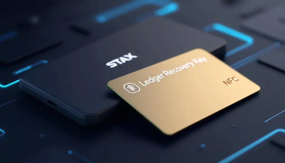 Ledgerの新しいNFCバックアップデバイス「Recovery Key」とハードウェアウォレット「Stax」。