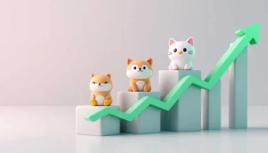 PENGU、BONK、POPCATのシンボルと上昇を示すグラフ