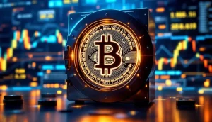 ビットコインのシンボルが未来的なデジタルの金庫に保管されている様子。背景には株価チャートが流れる。