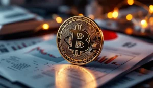 企業戦略を示す書類の上に置かれた金色のビットコインシンボルと、背景に日本国旗
