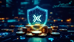 MEXCのロゴが入った透明な盾が仮想通貨のコインを守っている未来的なイメージ