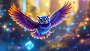 ブロックチェーンゲームの世界を飛ぶデジタルフクロウキャラクター