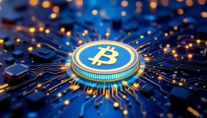 マイクロチップと回路に囲まれて輝くBNBコインのシンボル