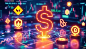 2025年に注目される新しい仮想通貨のロゴが並ぶ未来的なデジタル背景