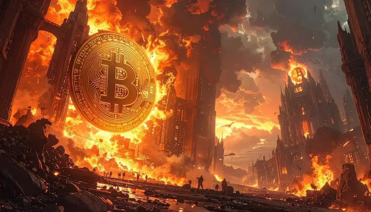 燃えている仮想通貨と都市。NIDTの将来性が2025年7月以降暗いことを暗示している