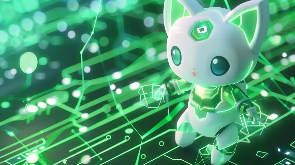 2025年7月現在将来性が気になるNIDTを体現した、緑の猫キャラクターがブロックチェーン上に乗っている画像。