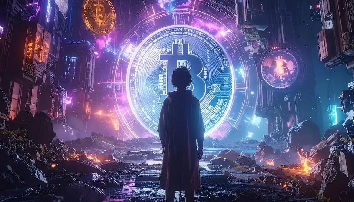 人物が巨大なビットコインの前に立っており、2025年7月のNIDTの将来性を憂いている