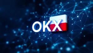 ドイツとポーランドの国旗を背景に、OKXのロゴがデジタルネットワーク上で表示されている未来的な画像
