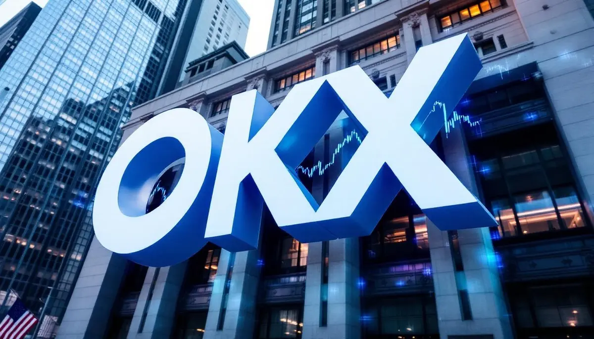 ニューヨーク証券取引所のような建物に表示されたOKXのロゴと株価上昇を示すグラフ