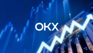 米国の株式市場を背景に上昇するOKXのロゴ