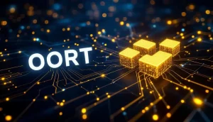OORTとバイナンスのロゴがデジタルデータで結ばれ、分散型AIインフラを象徴する未来的なネットワーク