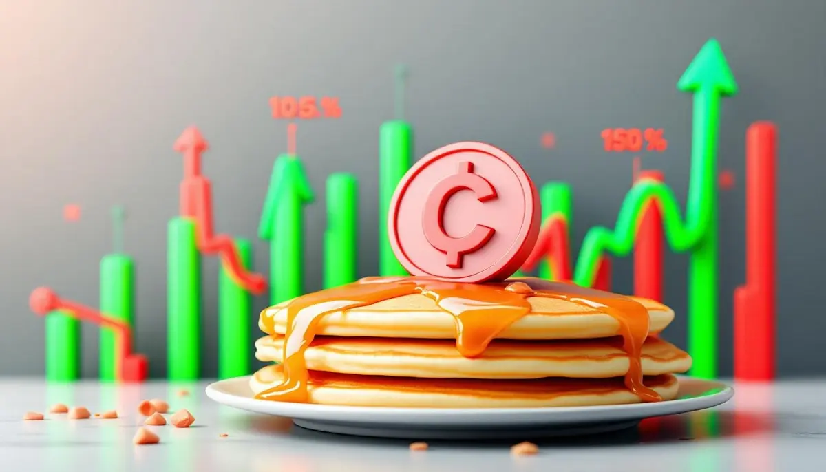 急増する取引量を示す緑のグラフと、下落するトークン価格を示す赤のグラフを背景にしたPancakeSwapのロゴ
