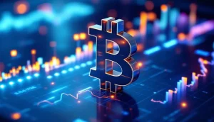 ビットコインのシンボルと金融チャートが融合した未来的なデジタル画像