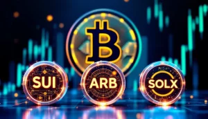 ビットコインと注目のアルトコイン3銘柄のシンボル