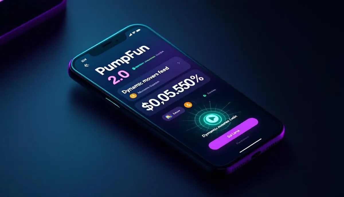 PumpFun 2.0のモバイルアプリ画面。ミームコインのトレンドが動的に表示されている。