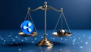 天秤に乗ったリップルのシンボルと裁判官の木槌。SECとリップルの和解を象徴する画像。