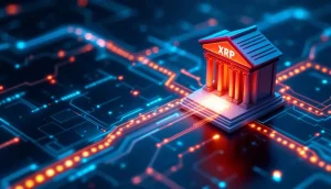 ップルのXRP Ledgerと金融機関をつなぐデジタルな橋のイメージ