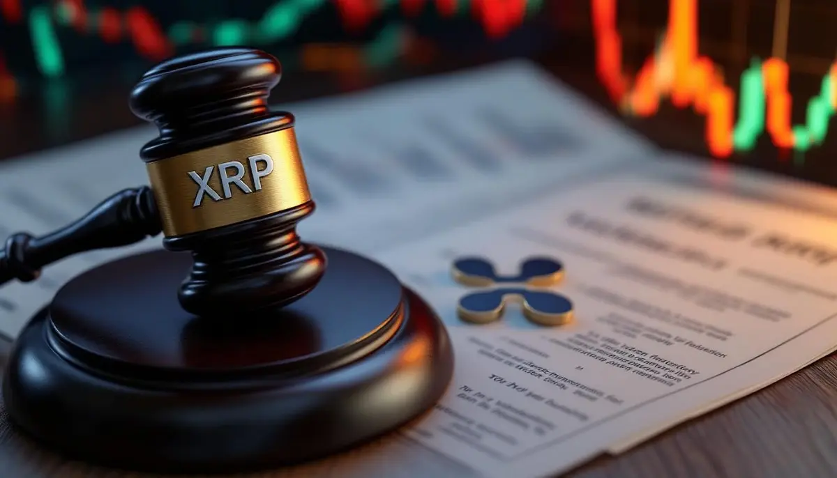 リップル（XRP）のシンボルと法的な書類。SECによるETF承認延期を象徴する画像。