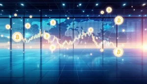 グローバルな暗号資産取引ネットワークを表現した近未来的な取引フロア