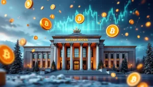 ロシアの銀行とビットコインを表現したデジタル金融のイメージ
