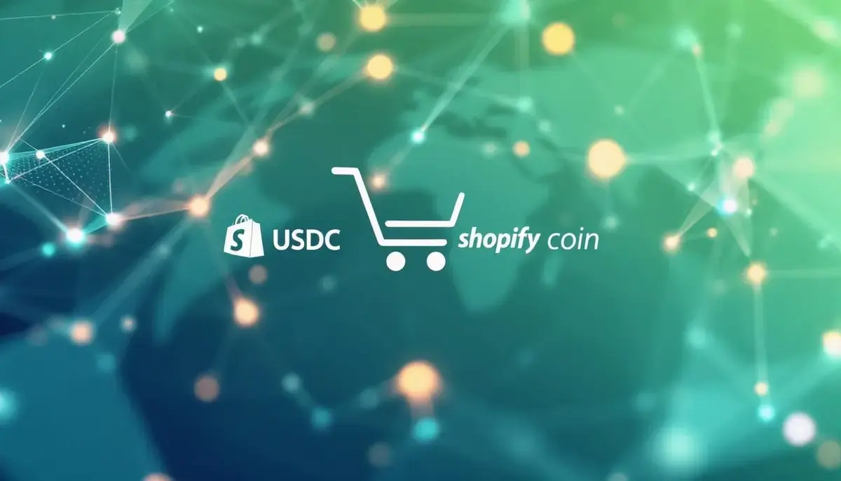 ShopifyとUSDCのロゴが組み合わさった、Eコマースにおける仮想通貨決済を象徴する画像。