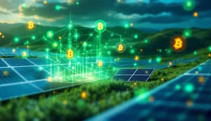 太陽光パネルとビットコインネットワークが接続された再生可能エネルギーのイメージ