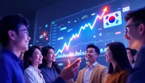韓国の国旗と上昇する仮想通貨チャートを背景にした人々。