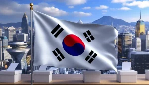 韓国の旗と選挙投票箱、ソウル市街地の風景