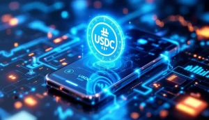 ステーブルコインのロゴが表示された未来的なスマートフォンのイメージ