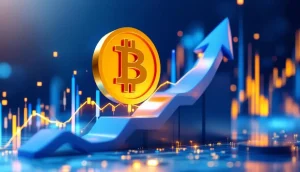 ストラテジーのロゴとビットコインのシンボルが描かれた上昇株価チャート