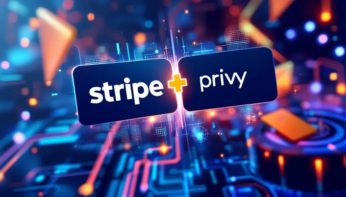 StripeとPrivyのロゴが融合し、仮想通貨決済の未来を象徴するデジタル背景