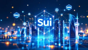 ドバイのスカイラインとSuiブロックチェーンネットワークのロゴを表現した未来的なイメージ