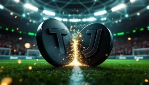 テザー社のロゴとユベントスのエンブレムが並ぶ未来的なサッカー