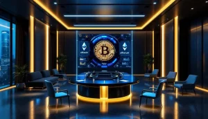 ビットコインとイーサリアムのロゴが表示されたモダンな企業会議室
