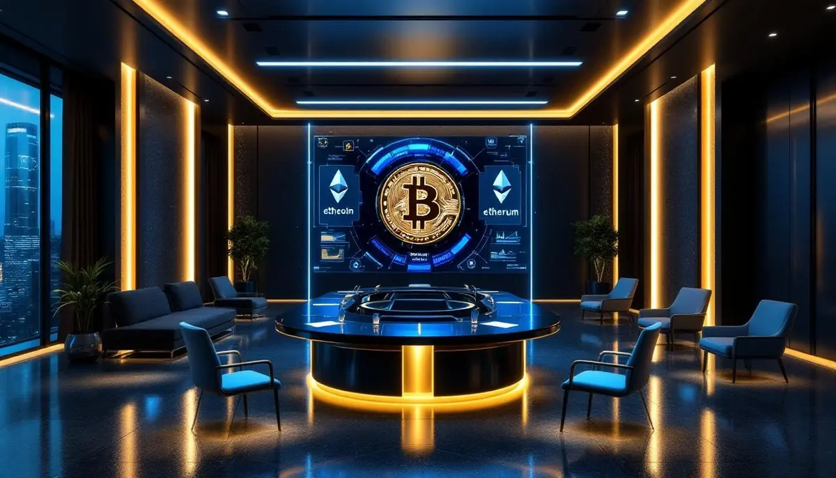 ビットコインとイーサリアムのロゴが表示されたモダンな企業会議室