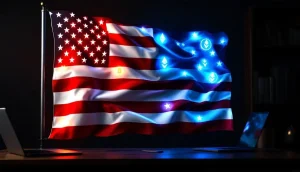アメリカ国旗と暗号資産のシンボルが絡み合う様子の3Dレンダリング画像