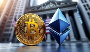 ビットコインとイーサリアムのロゴが並び、背景に米国旗とニューヨーク証券取引所が描かれている