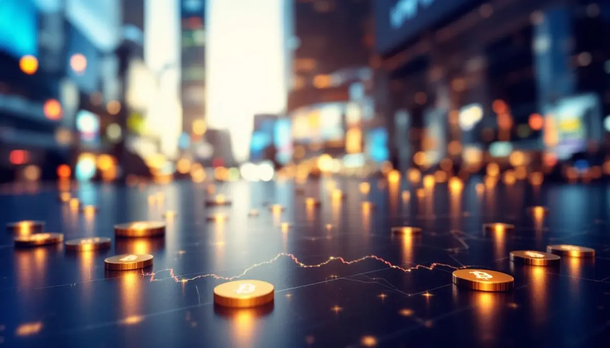 ニューヨーク証券取引所とビットコインのデジタル表示を組み合わせた金融取引のイメージ