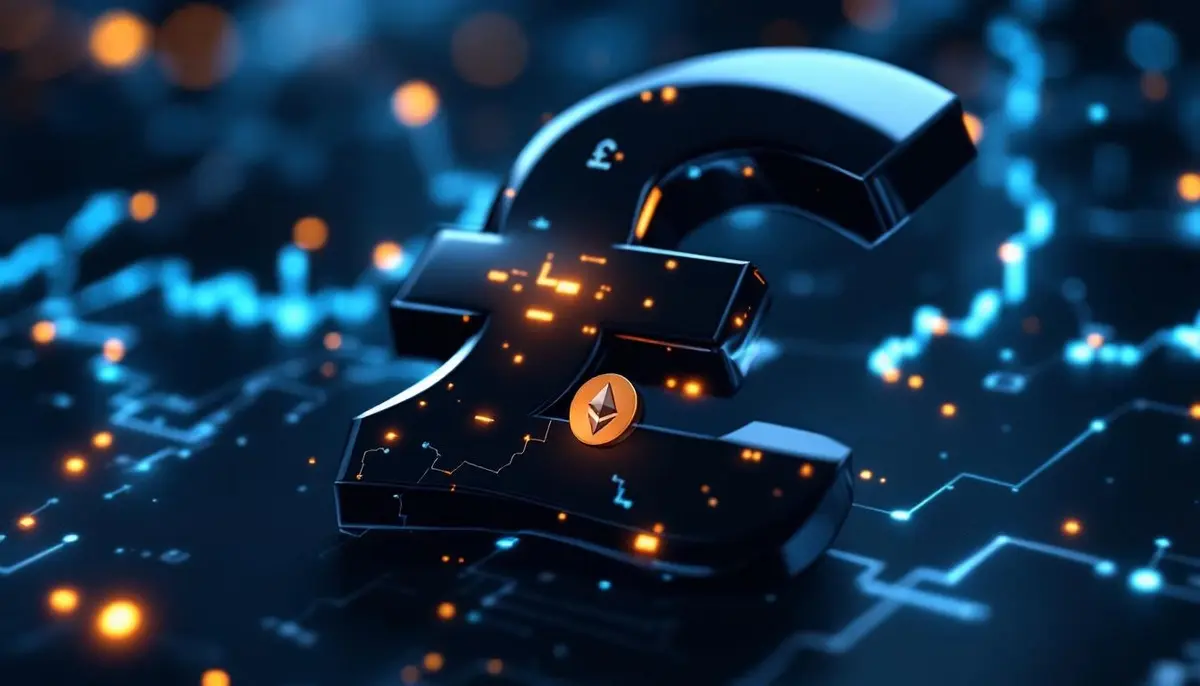 英国の国旗と仮想通貨のシンボルが描かれたデジタル背景