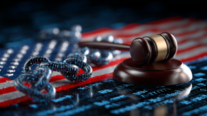 ブロックチェーン技術を象徴するシンボルとアメリカ国旗が組み合わさった画像。法案可決を意味する