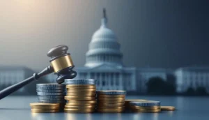 米議会議事堂を背景に、ステーブルコインと法規制を象徴する木槌