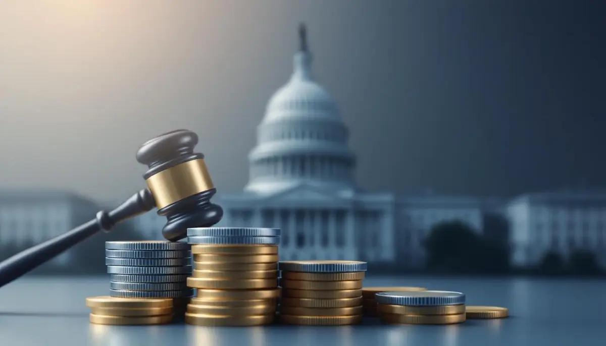 米議会議事堂を背景に、ステーブルコインと法規制を象徴する木槌