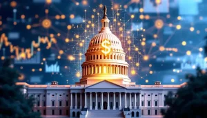 米国議会議事堂とデジタルドル記号、ステーブルコイン規制の象徴