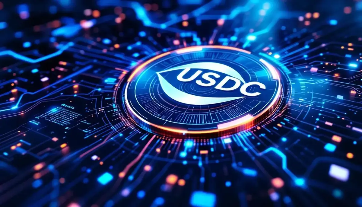 USDCとWorld Chainのロゴが融合した未来的なデジタル背景