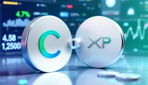 USDCとXRP Ledgerのロゴが組み合わさり、パートナーシップを象徴する未来的なデジタル背景の3D画像