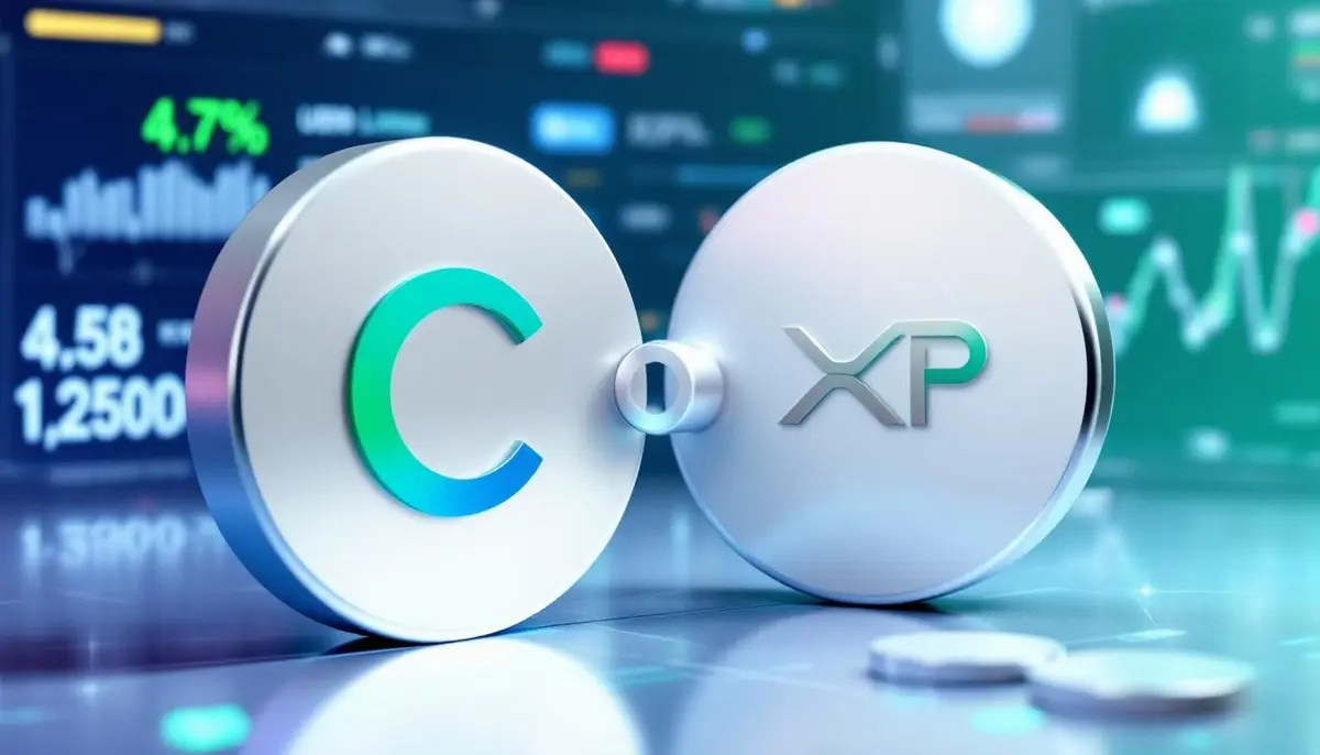 USDCとXRP Ledgerのロゴが組み合わさり、パートナーシップを象徴する未来的なデジタル背景の3D画像