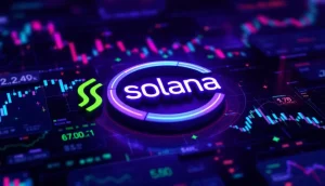 未来的な金融データの背景に浮かび上がるソラナ（SOL）のロゴ