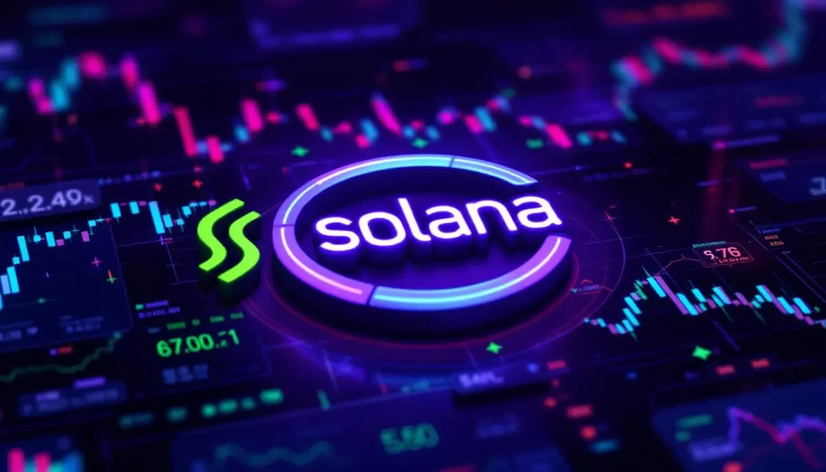 未来的な金融データの背景に浮かび上がるソラナ（SOL）のロゴ